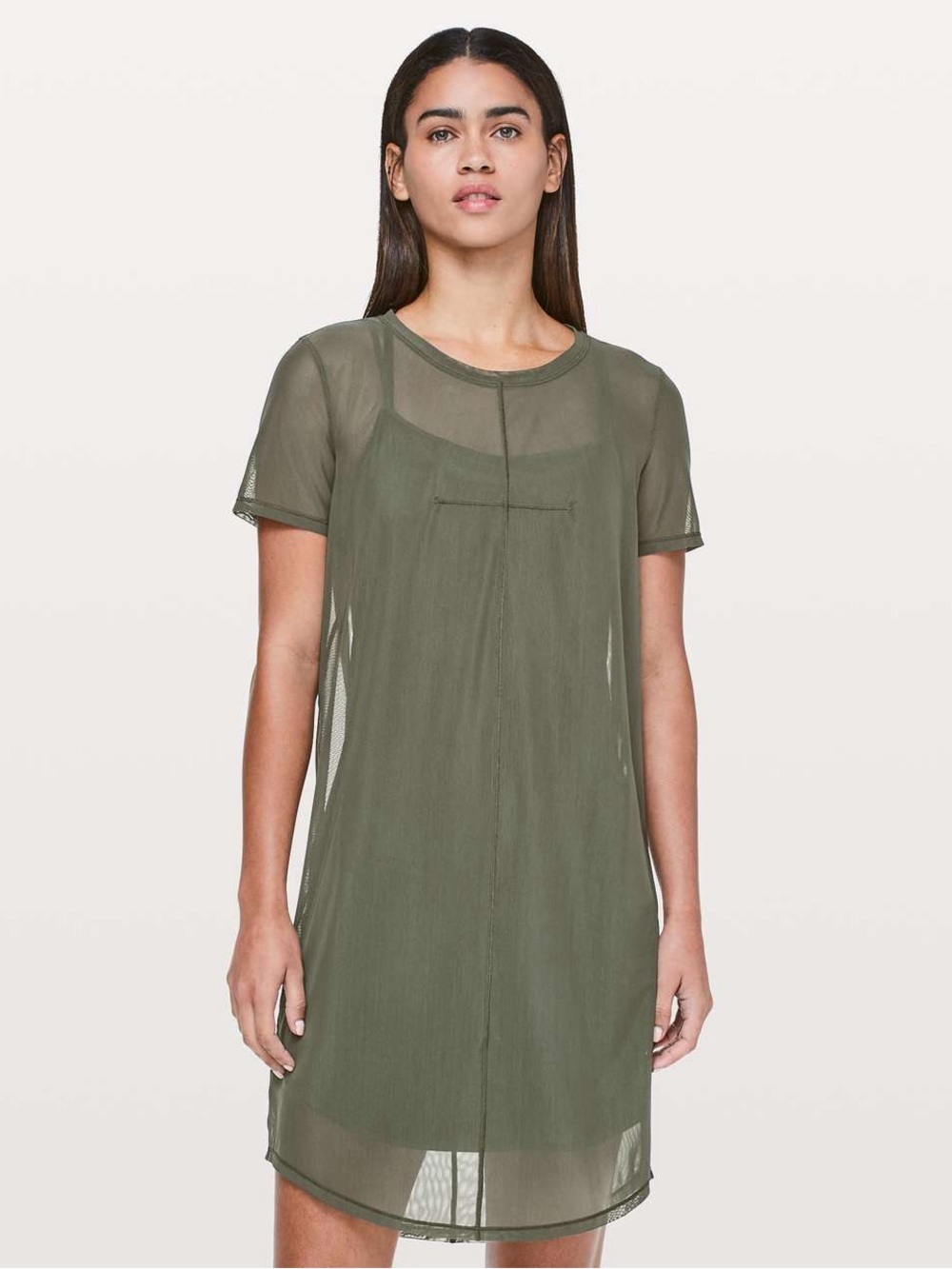 Lululemon Ready to Reach Dress - Olive Green Sheer Mesh Short Sleeve, Size 4